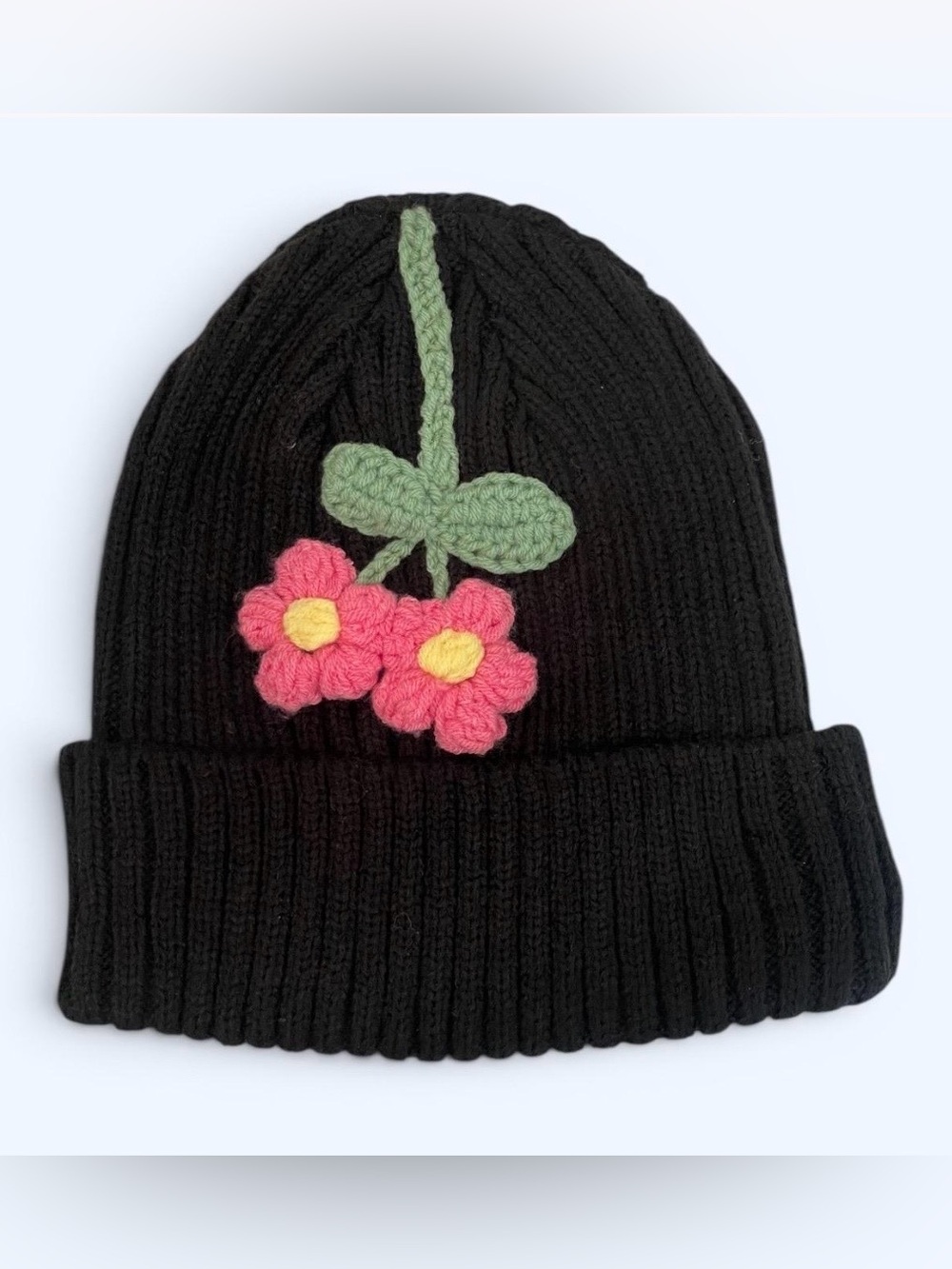 Black Knit Beanie with Sunflower